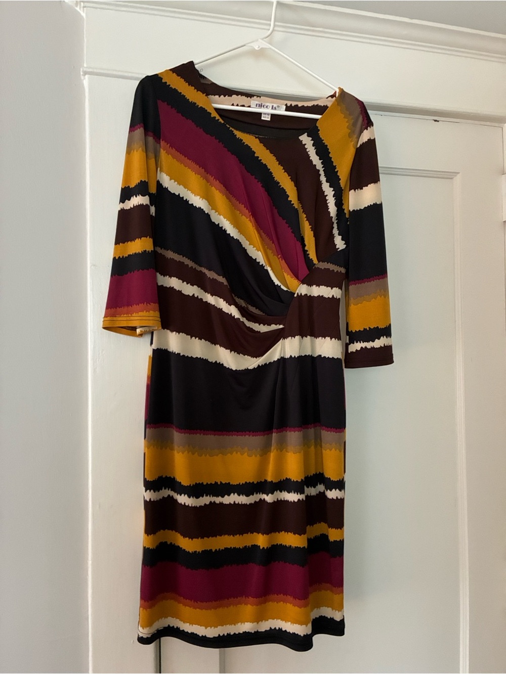 NICOLA Multicolor ruched Mini Dress — Mustard, Burgundy & Black